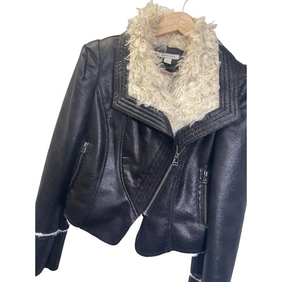 Boston Proper Jackets & Blazers - Boston Proper Black Faux Leather Off White Shearling Collar Moto Jacket